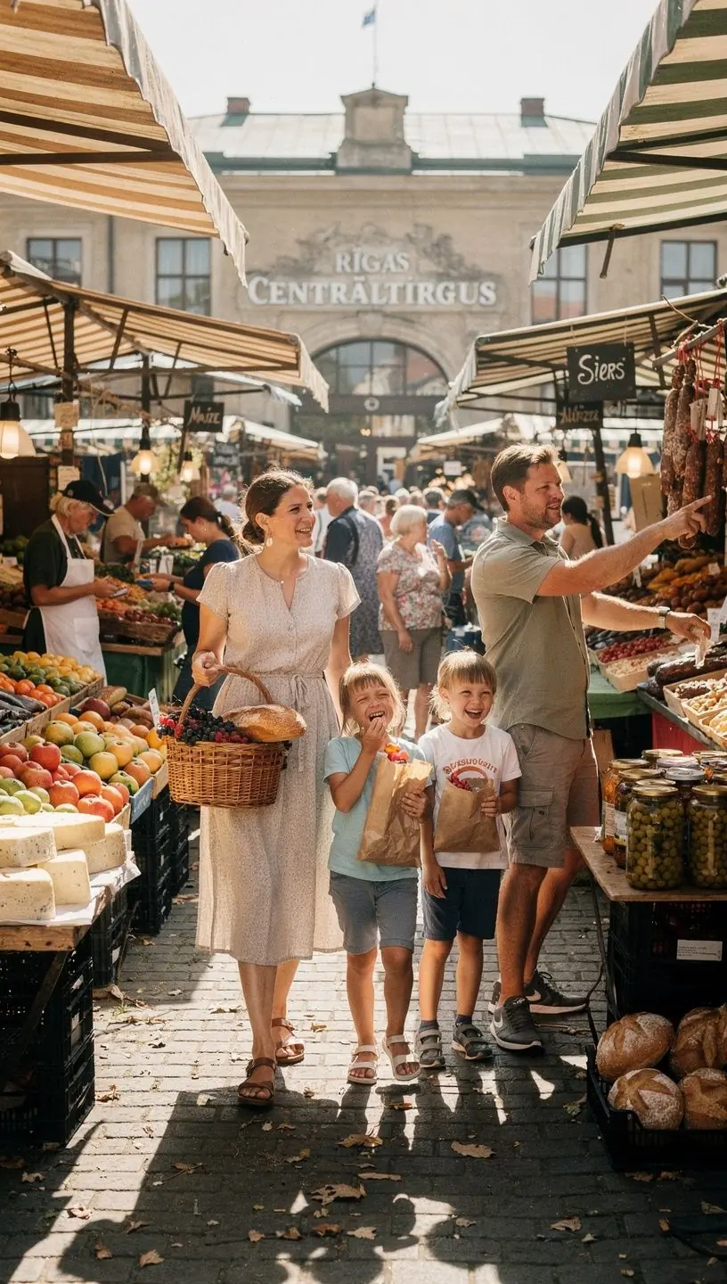 A family enjoying a scenic drive through Latvia's picturesque countryside in a rental car.